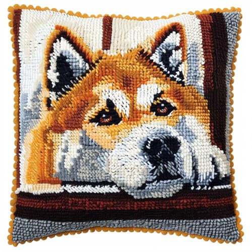 RKFLGEW DIY knüpfen set erwachsene Karikatur，Akita，Hund knüpfkissen set Hund Tier DIY Knüpfkissen，Überwurfkissen，Matte，Stickerei-Bastelsets für Anfänger mit aufgedrucktem Muster，Heimdekorati 43x43cm