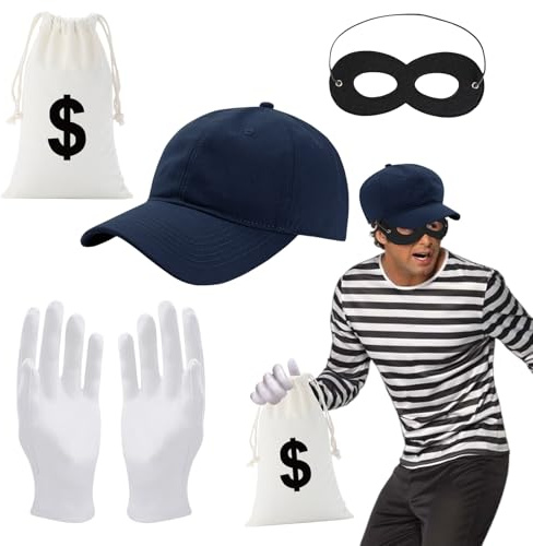 Bankräuber Kostüm, 4 Stück Räuber Kostüm Set, Dieb Kostüm mit Mask, Cap, Handschuhe, Geldsack Räuber, Panzerknacker Kostüm Kinder und Erwachsene,Bankräuber Cosplay Piraten Dieb Einbrecher Thema Party