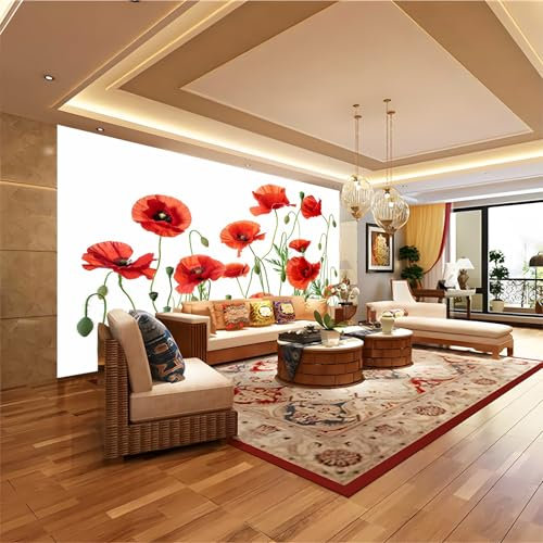 Papiers peints 350 x 256 cm Revêtement mural décoration pour chambre salon Coquelicots rouges Design unique et moderne panoramique Murale 3D Rouge