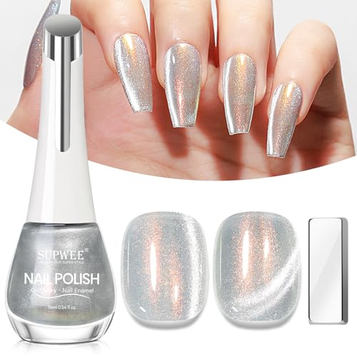 SUPWEE Cat Eye nagellack – 16 ml katt magnetiskt nagellack silver snabbtorkande glitter kattöga nagelpolish magnet gel utan UV lampa hem gör-det-själv nagelkonst