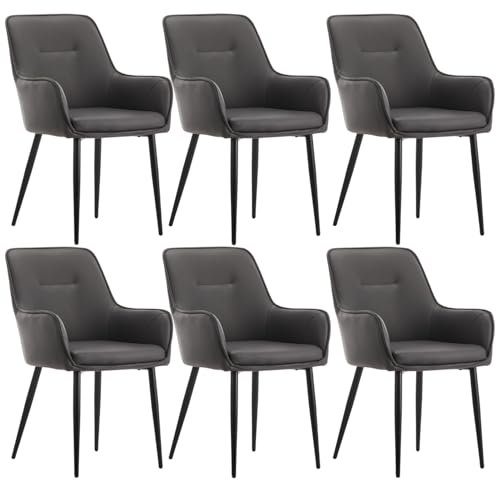 CLIPOP Esszimmerstühle 6er Set mit Armlehne aus Kunstleder Grau, Armlehnenstuhl Polsterstuhl Stühle Esszimmer Küchenstuhl mit Metallbeine und Rückenlehne für Wohnzimmer Esszimmer