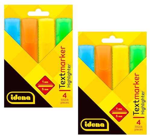 Idena 90259 - Surligneur, 2 paquets de 4 pièces, dans les couleurs jaune fluo, orange fluo, bleu fluo et vert fluo, pointe biseautée avec largeur de trait 1-5 mm