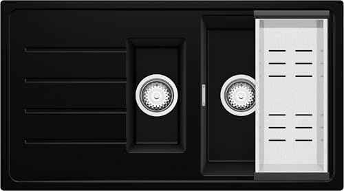 PRIMAGRAN Fregadero Cocina al Mueble 60cm + Kit de desagüe, 90x50cm | Set: Kit de desagüe (sifón, válvula, rebosadero) + Copenhague Duo 1,5 Senos Granito, Negro