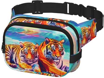 Riñonera cruzada para mujeres y hombres, riñonera cruzada para viajes, correr, riñonera, tigres tumbados en la playa, multicolor, Talla única, Cinturón de dinero