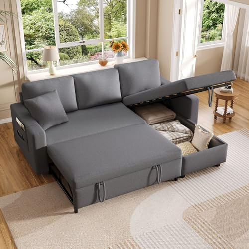 Zepneiy Sofa mit Schlaffunktion, Big Sofa 3 Sitzer Sofa L Form Modernes Design, Chaiselongue mit Stauraum und Taschenbecherhalter, Wohnzimmer Möbel Schlafsofa, Links und Rechts Austauschbar