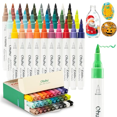 Rotuladores acrílicos, Ohuhu 30 colores, punta de pincel, alta opacidad, resistentes al agua y a la luz, acrylic markers con núcleo de algodón para rocas, huevos de Pascua, madera, vidrio, cerámica