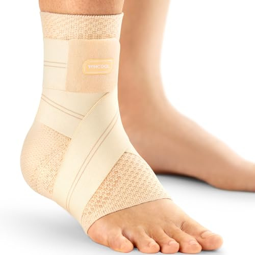 WHCOOL Flat Knitting Ankle Brace for Women&Men, 7-Zone Dynamic Compression Sleeve w/Flex Strap,Foot Support for Sports, Sprained Ankle, Achilles Tendonitis, Plantar Fasciitis Relief(Pack of1) M,Nude