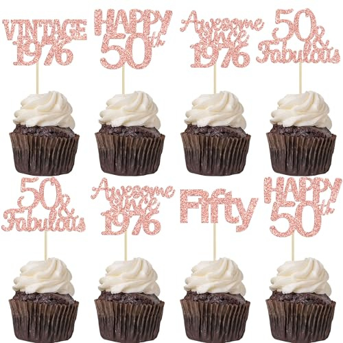 Gyufise 30Pcs Happy 50th Birthday Cupcake Toppers Glitter Fifty Vintage 1976 Cupcake Picks Cheers to 50 Fabulous Cake Decorations for 50th Birthday Wedding Anniversary Party Supplies Rose Gold
