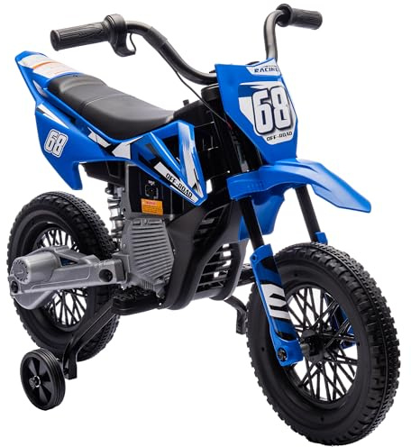 AIYAPLAY 12V Moto Elettrica per Bambini 3-6 Anni con 2 Motori e Acceleratore Manuale, Mini Moto Cross per Bambini con Sospensione, Ruote Rimovibile, Indicatore di Carica, Suoni, 2.4-5km/h, Blu