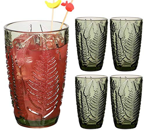 Set of 4 Tumbler Glasses 350ml Vintage Style Green Leaf Drinking Glasses | Dishwasher Safe, Embossed, Cocktail Tumblers, Glassware Set, Alfresco Dining