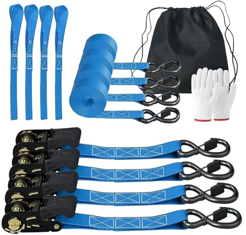 8 Pack Ratchet Tie Down Straps Set 1061KG Break Strength, 25MM*6M Adjustable Ratchet Straps with S Hooks Iron Handles/Work Gloves/Carry Bag for Trucks, Moving, Motorcycles, Trailer, Cargo