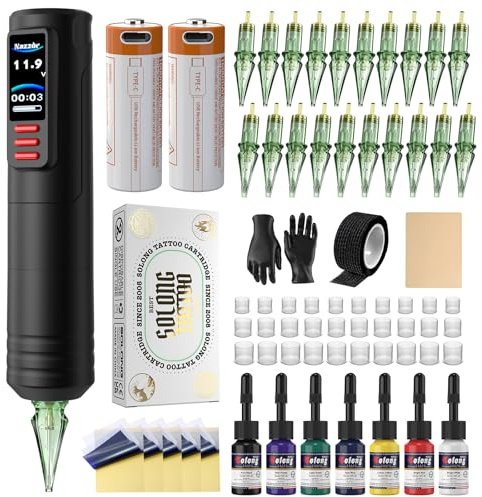 Kit Profesional de Tatuaje Solong – Set de Tatuaje Inalámbrico con 2×1600 mAh Baterías, 20 Agujas, 7 Tintas, Accesorios Completos para Principiantes y Profesionales. NA-TKE700AEU-1