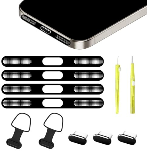 USB C Anti Dust Plugs with Phone Cleaning Kit, 11pcs Dustproof Charging Port Cover Cap & Speaker Mesh, Phone Accessories Compatible with iPhone 17 Pro/17/16 Pro/16/15 Pro/15/USB Type-C phones (Black)