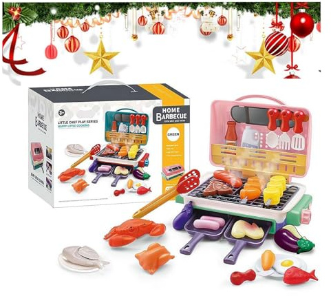 36PCS Kids BBQ Grill Toys Set,Grill Cooking Playset Role Play Toys Toy & with Food,Light Color-Changing Sound Spray Set Accessories Have Color Changing and Temperature Sensing Features (Pink)