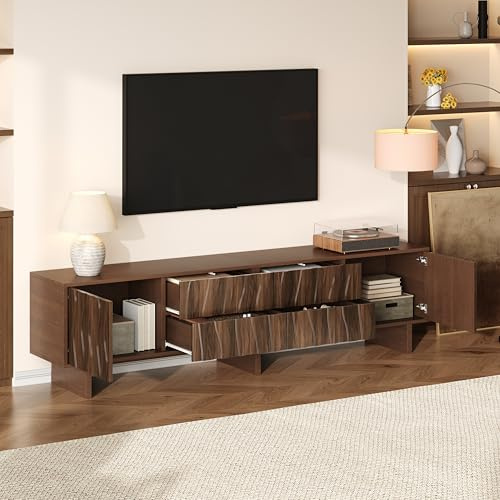 Mueble para TV, 180 x 40 x 56 cm, soporte para TV, 4 cajones y 2 puertas de armario, diseño ondulado, armario de salón, armario de televisión, adecuado para televisores de hasta 75 pulgadas, nogal