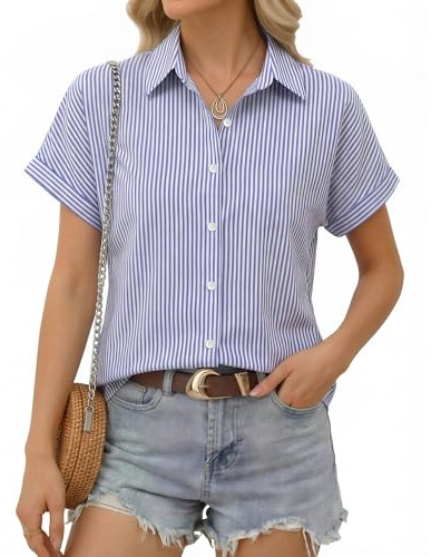 ALGALAROUND Women's Striped Tops V-Neck Short Sleeve Button Down Shirts Casual Summer Fitted Shirt Basic Shirts Going Out Elegant Smart Blouses for Women