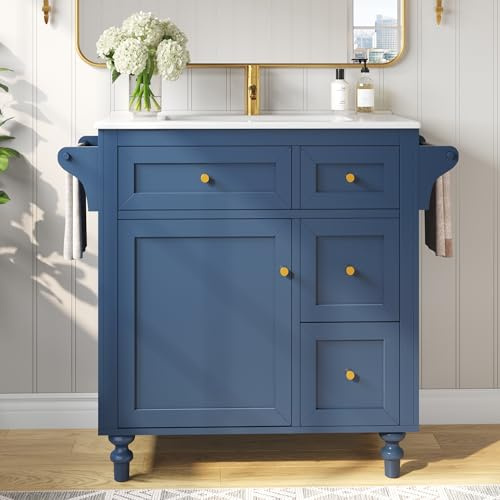 BENMWS Lavabo da bagno in ceramica liscia, blu, 99,5 x 45 x 86 cm, lavabo con cassetti estraibili e portasciugamani