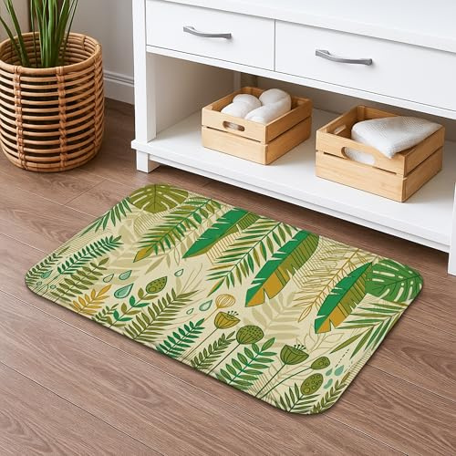 Laubgrüne schnell trocknende Badematte, tropische Farne und Pflanzen, saugfähig, rutschfest, Sommerdekorativ, Flanell, waschbar, Badteppiche für Badezimmer, WC, Toilette, 40,6 x 61 cm