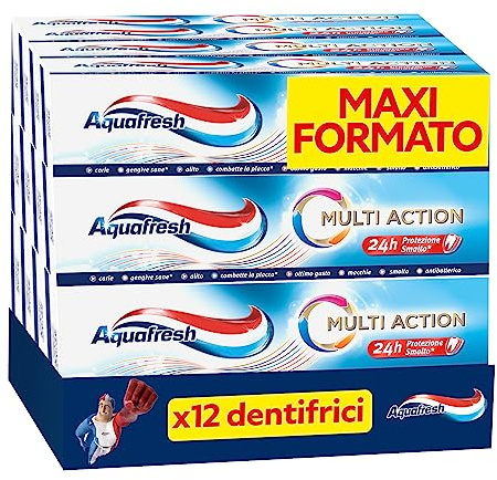 Aquafresh Dentifricio Multi Action per tutta la Famiglia, Previene le Carie, Gengive Sane, Alito Fresco, Rimuove le Macchie, Smalto Forte, Pacco da 12 x75ml
