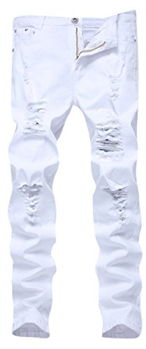 FREDD MARSHALL Men's White Skinny Slim Fit Ripped Distressed Destroyed Stretch Jeans Pants,White,32W