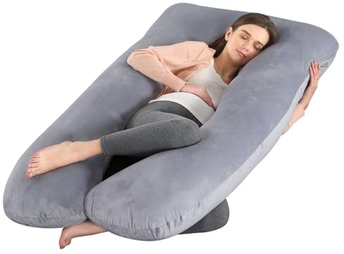 SHANNA Cuscino per Gravidanza Lungo, Cuscino Donne Incinte, Cuscino Allattamento, Dormire Grande Cuscino a Forma di U 100% Cotone con Fodera in Velluto sostituibile e Lavabile 70x145 cm