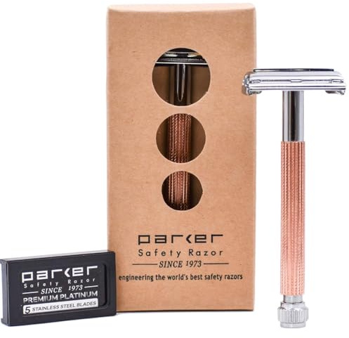 Parker, 29L Rotgold, langer Griff, Schmetterling, offen, doppelschneidig, Rasierhobel für Damen und Herren, 5 Parker Premium Platinum Doppelkanten-Rasierklingen im Lieferumfang enthalten