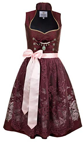 Edelnice Trachtenmode Exklusives Designer Stehkragen Midi Dirndl Stella inkl. Spitzen Dirndlschürze und Charivari Gr. 34-54, Rot, 34