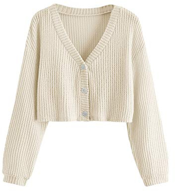 SweatyRocks Women's Long Sleeve Button Front V Neck Soft Knit Cardigan Sweaters Beige S