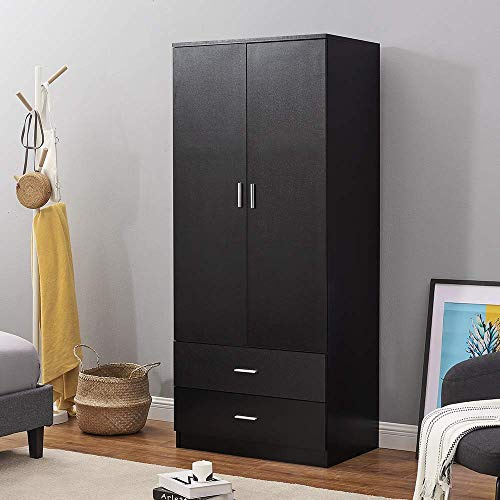 Colorstone Wardrobe 2 Door 2 Drawer Wooden Clothes Storage Cupboards Unit with Hanging Rail Storage Bedroom Unit Furniture (Black)