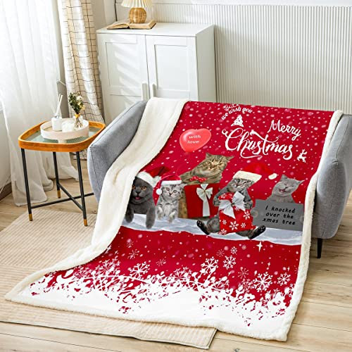 Loussiesd Frohe Weihnachten Katze Wohndecke 100x130cm Weihnachten Schneeflocke Haustier Katzen Decke Nette Kätzchen Druck Flanell Fleecedecke Winter Weihnachtsbaum 3D Tier Kuscheldecke Rot Weiß Warm