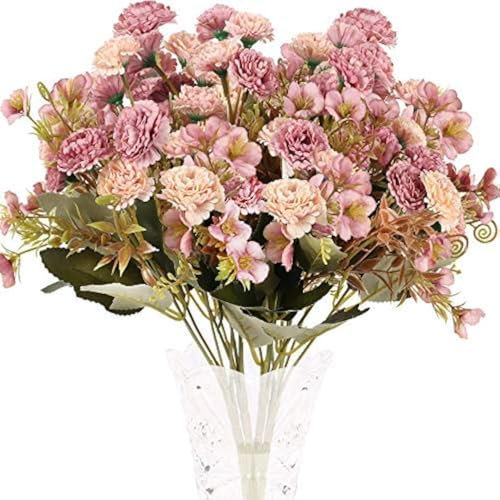 SLFYEE 4pcs Ramo de Flores Artificiales Claveles de Seda 5 Rama con 11 Flor Peonía Pequeña Vintage Flores Artificiales Decoracion Jarrones para Hogar Boda Centro de Mesa Interior Floral Color Rosa