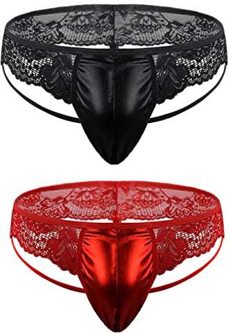 THSCWY Set of 2 Men's Lace T-back Under Panties Bulge Big Pouch Thongs Briefs Boxers T String Girly Lingerie Underwear (Red-Black)
