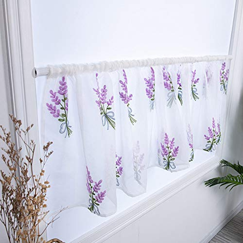 LIZHOUMIL Kitchen Curtains Flower Embroidery Net Curtain Pastoral Shade Kitchen Curtains Half Curtain Short Panel Drapes purple 100X50CM wear rod