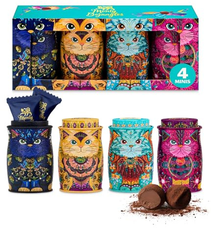 Monty Bojangles Kit-Tins Schokoladentrüffel (4 x 36g) Truffle Pralinen mit Kakao bestäubt Pralinen, Schokolade Sammlerdose mit Katzen-Design, Geschenkset mit vier Geschmacksrichtungen