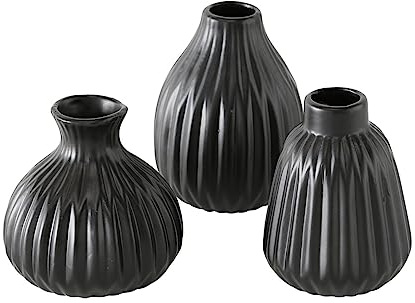 Deko Vase im 3er Set aus Keramik Mattes Design mit Rillen Höhe 12 cm Blumenvase Tischdekoration -Schwarz