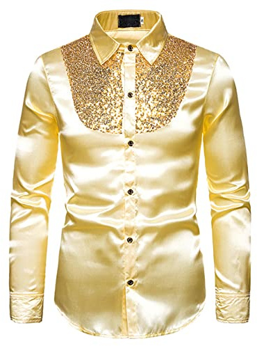 Loalirando Chemise à Paillettes Homme Disco Fête Cérémonie, Chemisier Brillant Boutonné Col à Revers à Manches Longues Slim
