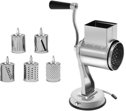 HuaShuani Rotary Vegetable and Fruit Cutter, Cheese Grater Hand Drum Slicer, Stainless Steel Multi-Functional Vegetable Cutting Drum with Suction Cup, Interchangeable Blade for Commercial or Home Use