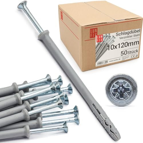 Lun Fix Tasselli a percussione 10,0 x 120 mm, 50 pezzi, tasselli, viti per telaio, tasselli per montaggio rapido, tasselli, vite a percussione, testa svasata