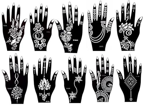 10 fogli stencil per tatuaggio all'hennè stencil per mano e corpo pittura Baani