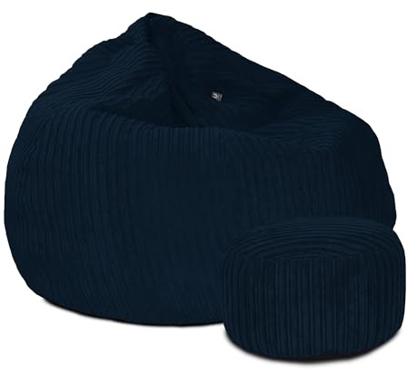 rucomfy Adult Slouchbag Beanbag Chair Bundle - Soft Corduroy - Navy | Premium Supportive Pre-Filled Adult & Teens Beanbag Chair - Durable Fabric Ergonomic Seat - Machine Washable - 80x110cm