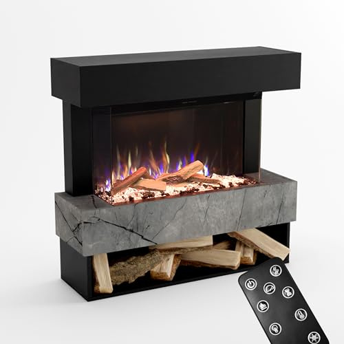 GLOW FIRE Kaminofen PR5 mit realistischem 3D E-Motion LED-Feuer - Stand-Elektrokamin mit Heizung, Kaminfeuer & Timer, max. 1500 W, 111x103,8x35, Schwarz (Marmor)