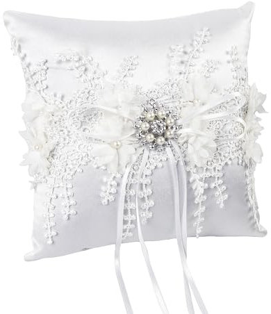 Cuscino per anelli matrimonio vintage porta fede bianco anelli di nozze 18 x 18 cm con nastro e perle artificiali accessori di fidanzamento