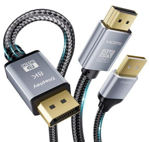 LUKFOCAB Cable adaptador HDMI 2.1 a DisplayPort 1.4 de 6.6 pies/2 m, HDMI unidireccional a puerto de visualización compatible con monitor de 8K a 60Hz, convertidor HDMI macho a DP macho para