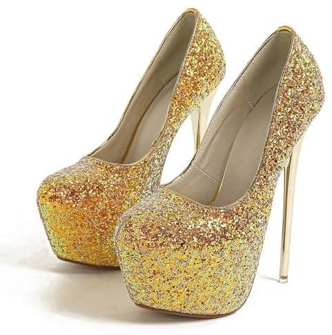 Glitterpumps dam stilett hög klack klack platå plattform rund tåhätta pumps 16 cm fest bröllop klänning skor, Guld, 37 EU