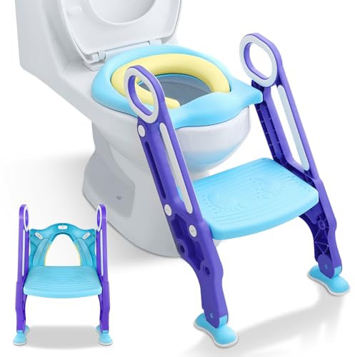 FIVMEN Faltbare Töpfchen Trainer für Kinder Toilettensitze mit Trittschemel Treppen Baby Lerntöpfchen Wc-Sitz mit PU Kissen & Griffen Töpfchen Tragfähigkeit bis 75KG Toilettentrainer (Lila)