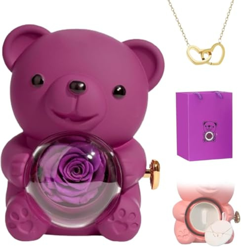 Eunmsi Collana con Cuore Incisione e Orsetto di Rosa Vera in Confezione Regalo, Regalo di Orsetto con Rosa Conservata per Donne, Set di Regali con Rosa Conservata, Scatola Gioielli con Orsetto a