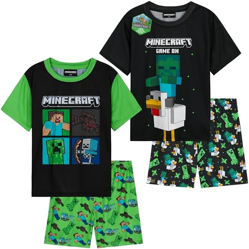 Minecraft Ensemble Pyjama Enfant Garcon, 2 Pièces Été T-Shirt Manches Courtes et Pyjama Short, Cadeau Garcon (9-10 Ans, Noir/Multi, 2 Pack)