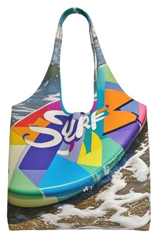 GlbnSHeric Einkaufstasche für Damen, wiederverwendbar, Segeltuch, Einkaufstasche, Surfbrett-Handtasche, faltbare Schultertasche, Surf's Up Surfboard, Einheitsgröße