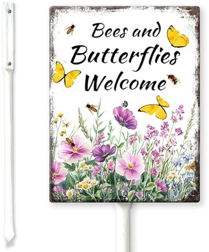 Horienteeon Bees and Butterflies Willkommensschild mit Heringen, 17,5 x 22 cm, stabiles Aluminium-Schild, Rettung der Bienen, Gartenschild, Schmetterlings-Dekoration für Hof, Garten, Rasen, Gras