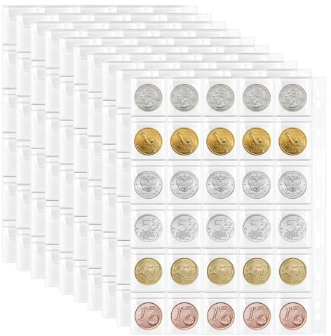 Münzseiten für Münzen, 10 Blatt Münzhüllen Münzalbum mit Standard-9-Loch Münzhalter, Münzen Aufbewahrung Münzsammlung Währungsschutz Währungshalter, 30 Fächer